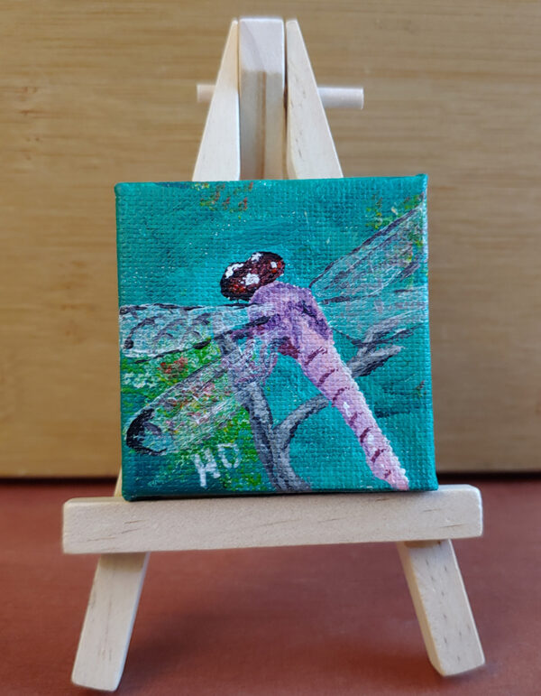 Pink Dragonfly #1, 2x2 Miniature w/Easel