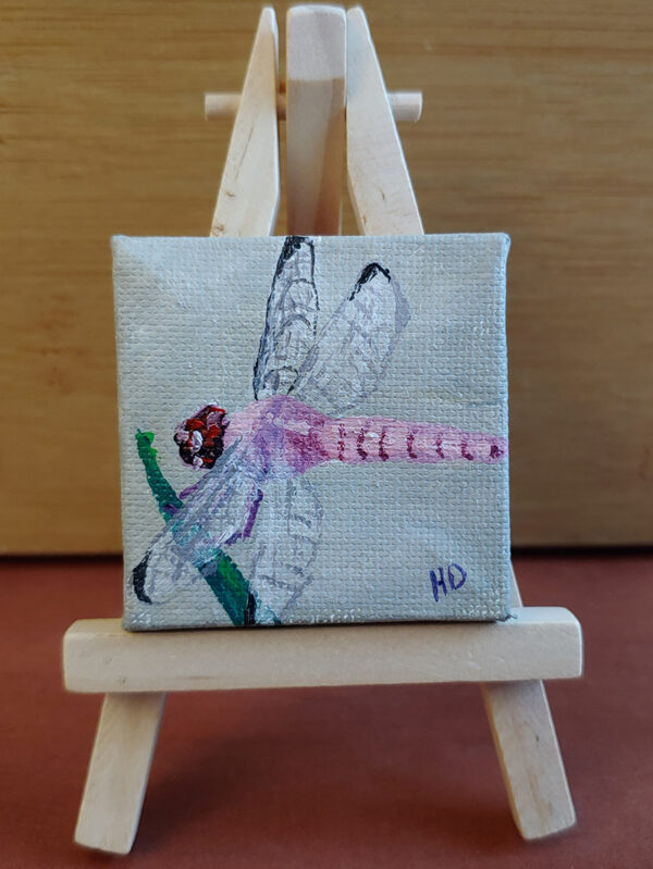 Pink Dragonfly #2, 2x2 Miniature w/Easel