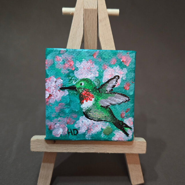 Ruby-throated Hummingbird 2x2 Miniature w/Easel