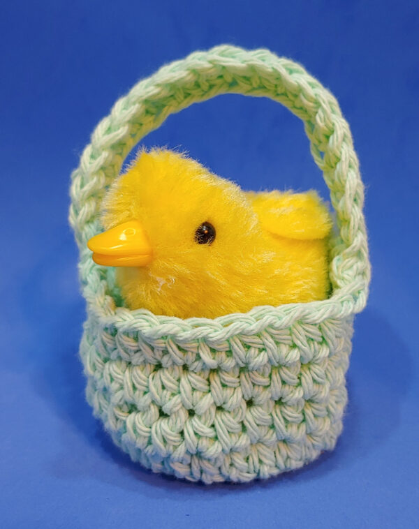 Cute Chick in a Green Hand-Crocheted Basket