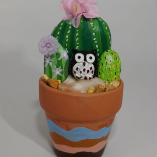 Painted Rock Cactus Garden with Black Owl #108