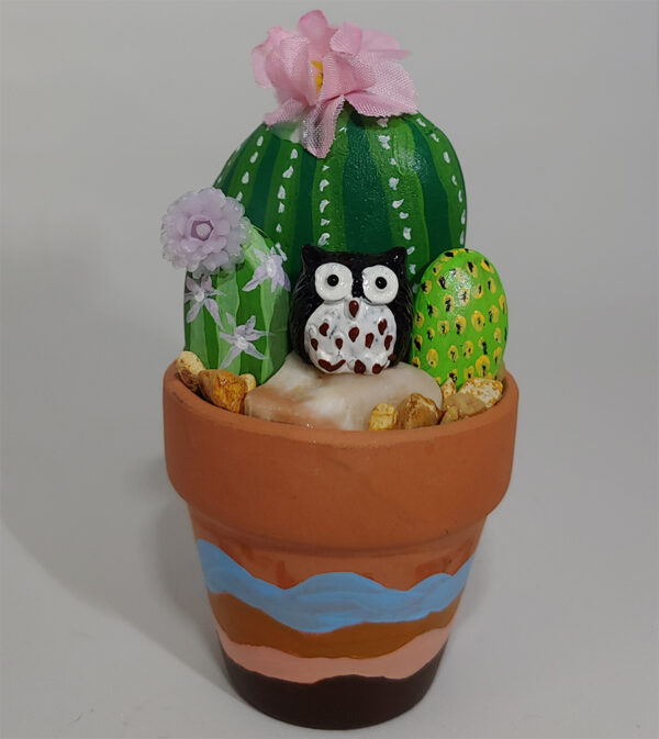 Painted Rock Cactus Garden with Black Owl #108