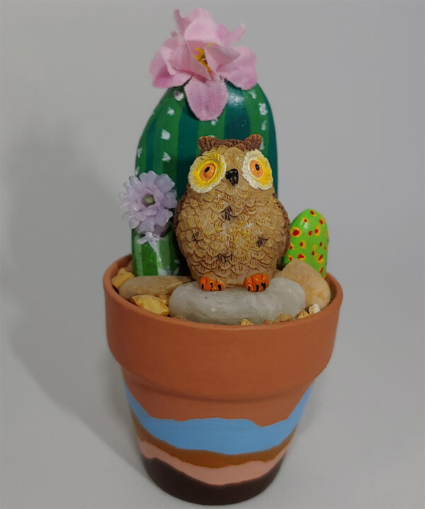 Owl Painted Rock Cactus Garden #101