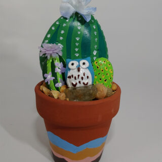 Painted Rock Cactus Garden with Blue Owl #109
