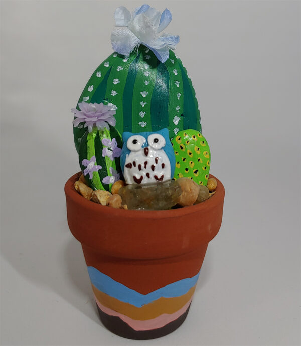 Painted Rock Cactus Garden with Blue Owl #109