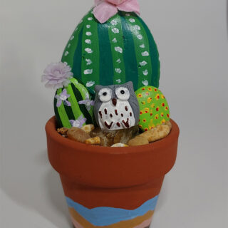 Painted Rock Cactus Garden with Gray Owl #107