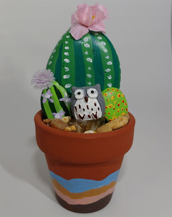 Painted Rock Cactus Garden with Gray Owl #107