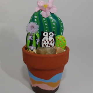 Painted Rock Cactus Garden with Black Owl #110
