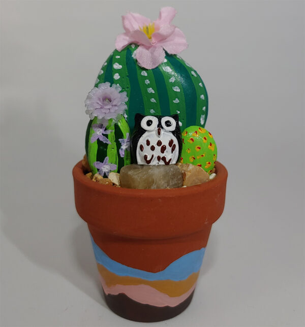 Painted Rock Cactus Garden with Black Owl #110