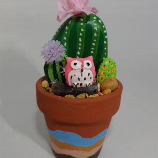 Painted Rock Cactus Garden with Pink Owl #102
