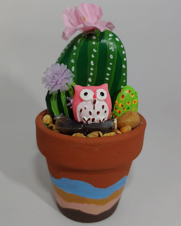 Painted Rock Cactus Garden with Pink Owl #102