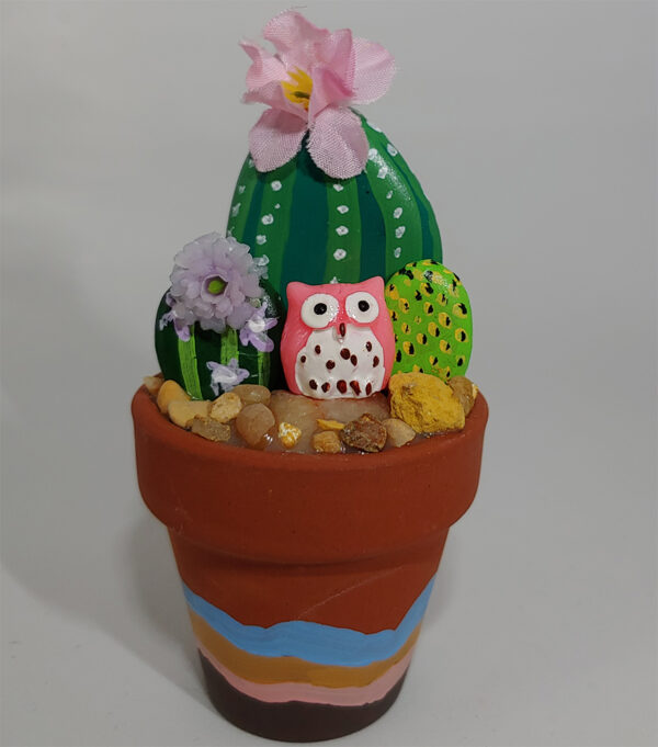 Painted Rock Cactus Garden with Pink Owl #105