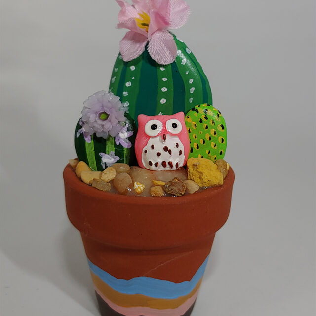 Painted Rock Cactus Garden with Pink Owl #105