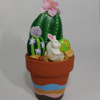 Painted Rock Cactus Garden with White Rabbit #106