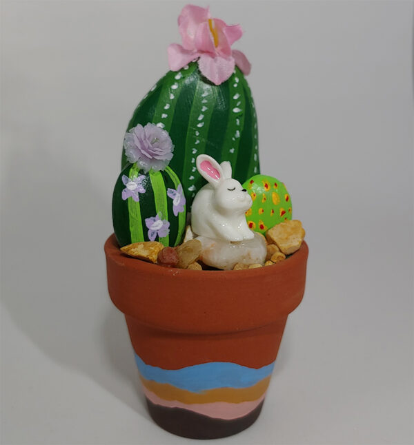 Painted Rock Cactus Garden with White Rabbit #106