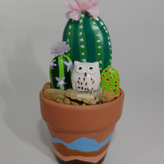 Painted Rock Cactus Garden with White Owl #104