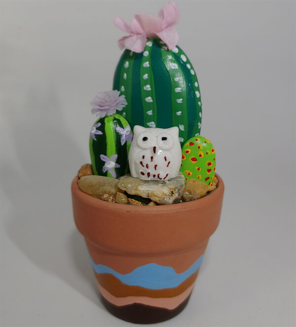 Painted Rock Cactus Garden with White Owl #104