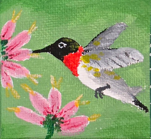 Ruby-throated Hummingbird 2x2 Miniature w/Easel